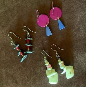 Vintage Set of 3 Varied Material Hook Earrings, Unmarked